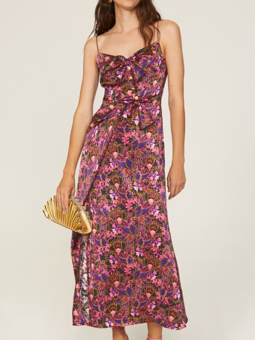 Saloni Penelope Silk Dress Pink Canopy Floral Print Tie Front - Size US 10